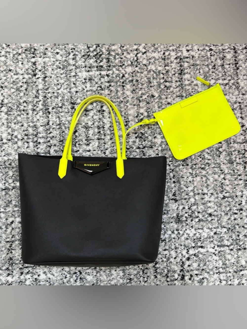 Givenchy Antigona Small Shopping Tote Bag Black Neon Yellow Handbag Purse Pouch